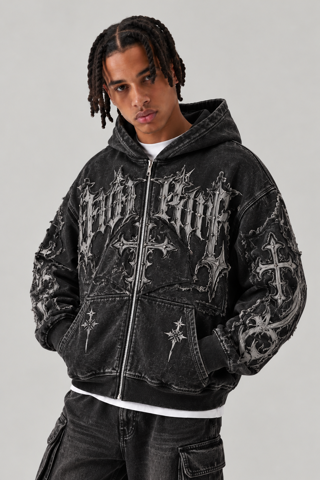 Celestial Ruin Oversized Graphic Hoodie — Washed Black