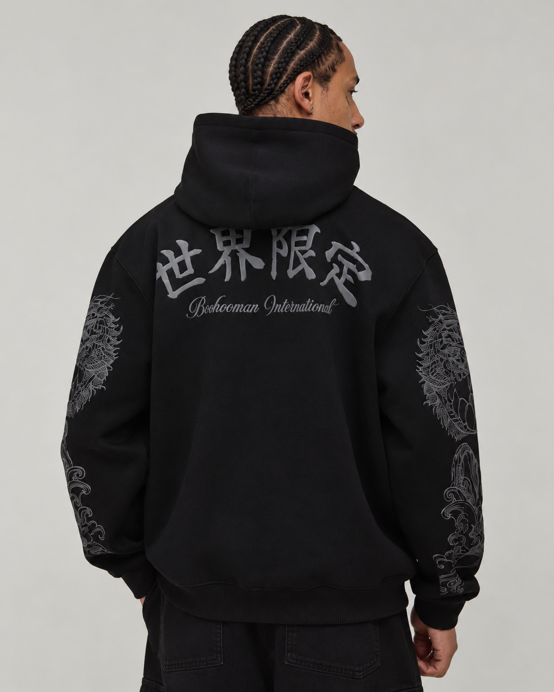 Oversized Dragon Graphic Puff Print Hoodie — Black