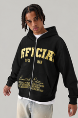 Oversized Boxy OFFCL Print Zip-Through Hoodie — Black