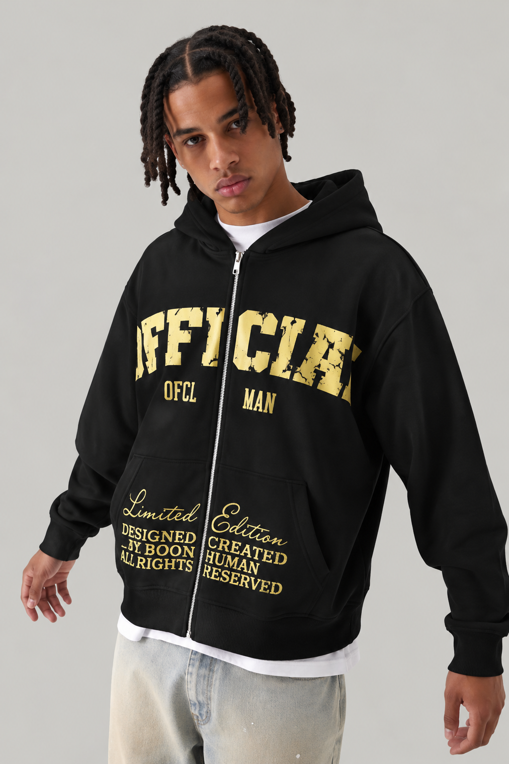 Oversized Boxy OFFCL Print Zip-Through Hoodie — Black