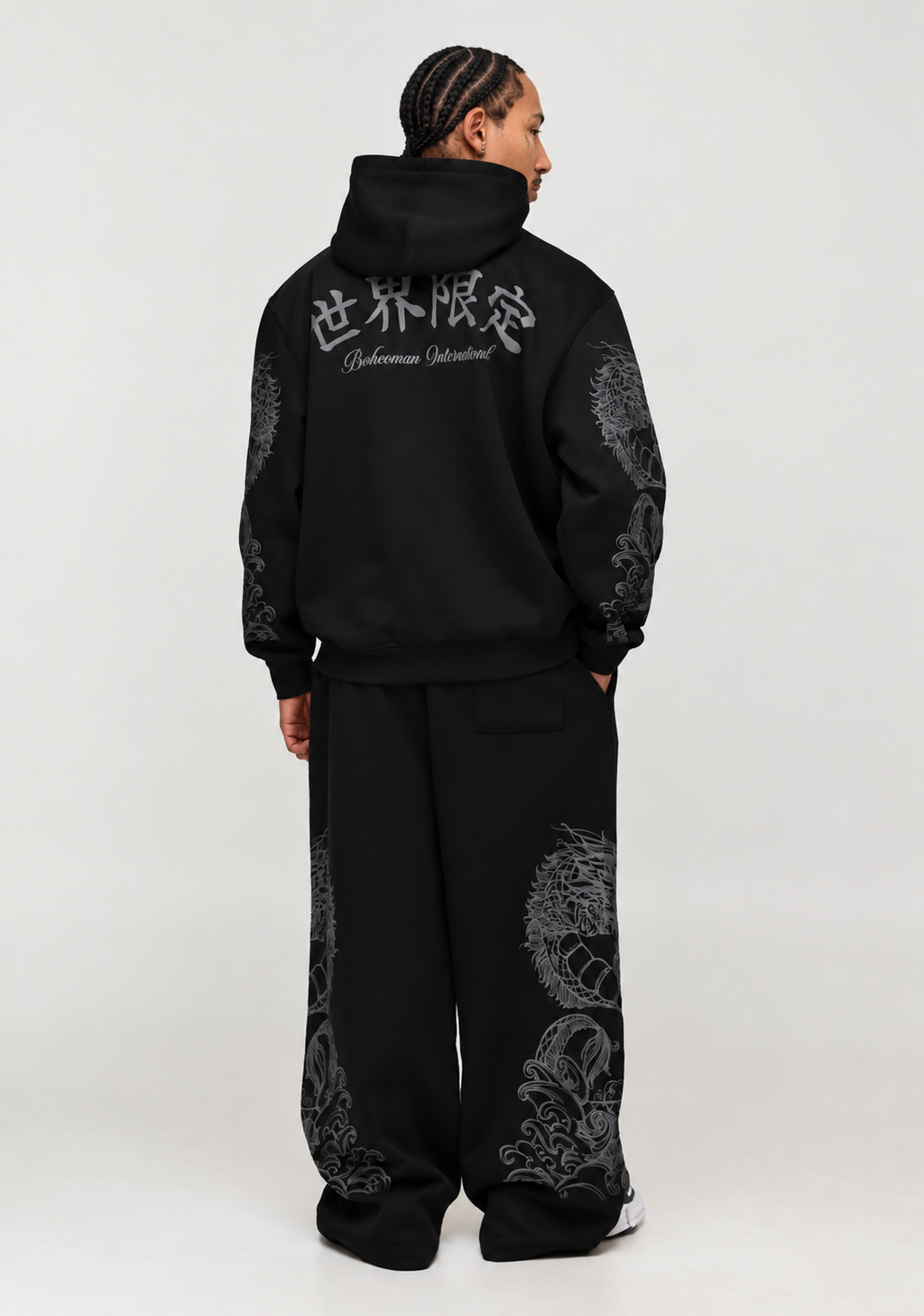 Sweat à capuche oversize imprimé en relief motif dragon — Noir