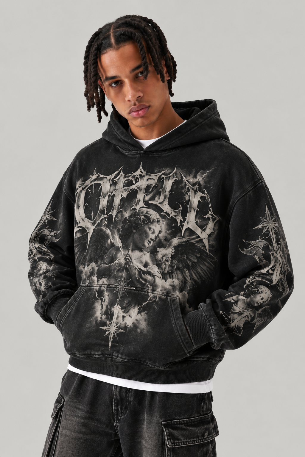 Angel Archive Washed Graphic Hoodie — Charcoal