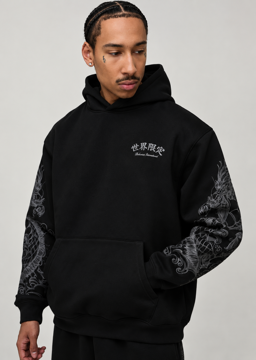 Sweat à capuche oversize imprimé en relief motif dragon — Noir