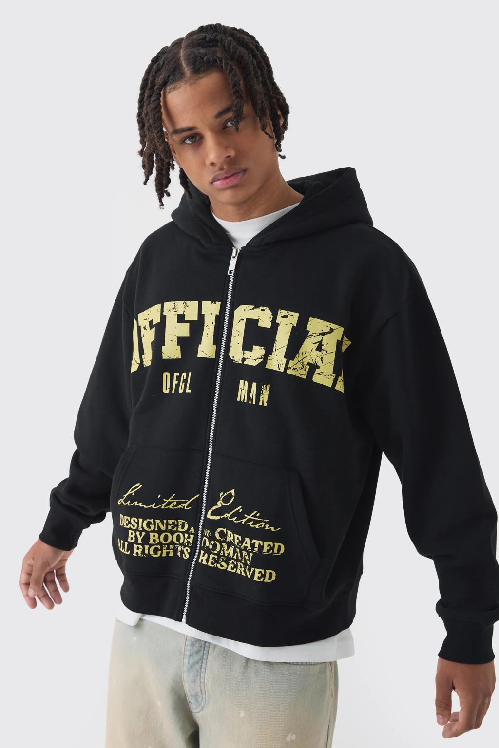 Oversized Boxy OFFCL Print Zip-Through Hoodie — Black