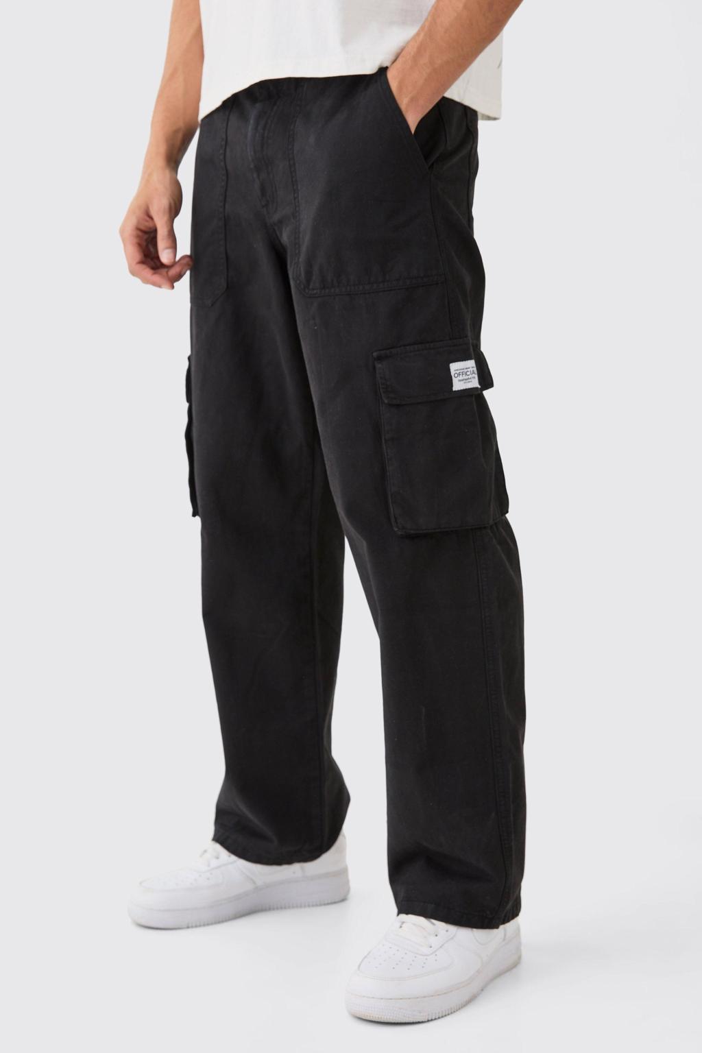 Relaxed Fit Cargo Trousers — Black